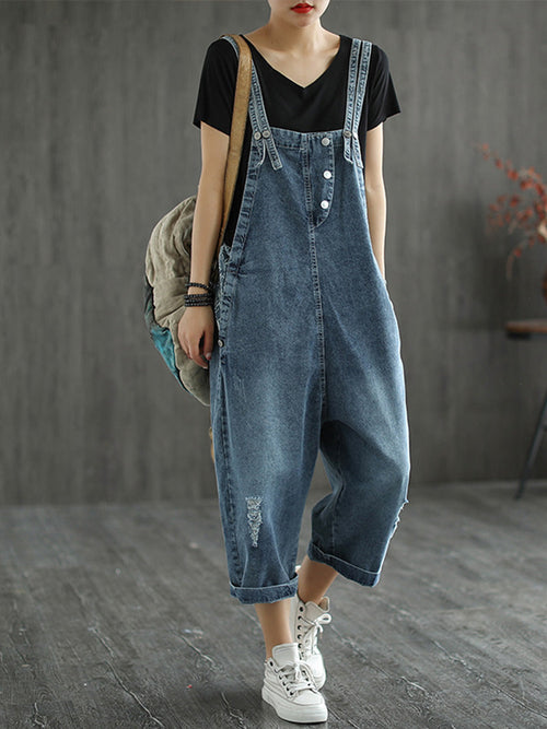 Floral Side Panel Denim Dungarees - Wide Leg Fit