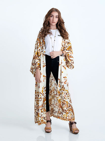 Beachwear & Partywear Floral Print Beige Color Cotton Long Length Gown Kimono Duster Robe