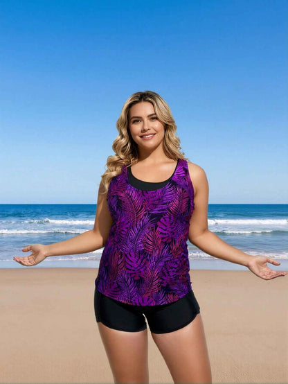 Women's Purple & Black Botanical Print Boyleg Two-Piece Swimsuit