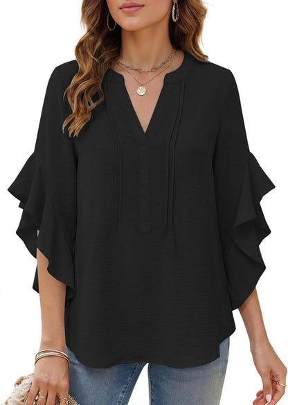 Women's V-Neck Ruffle-Sleeve Loose Casual Shirt – 5 Colors