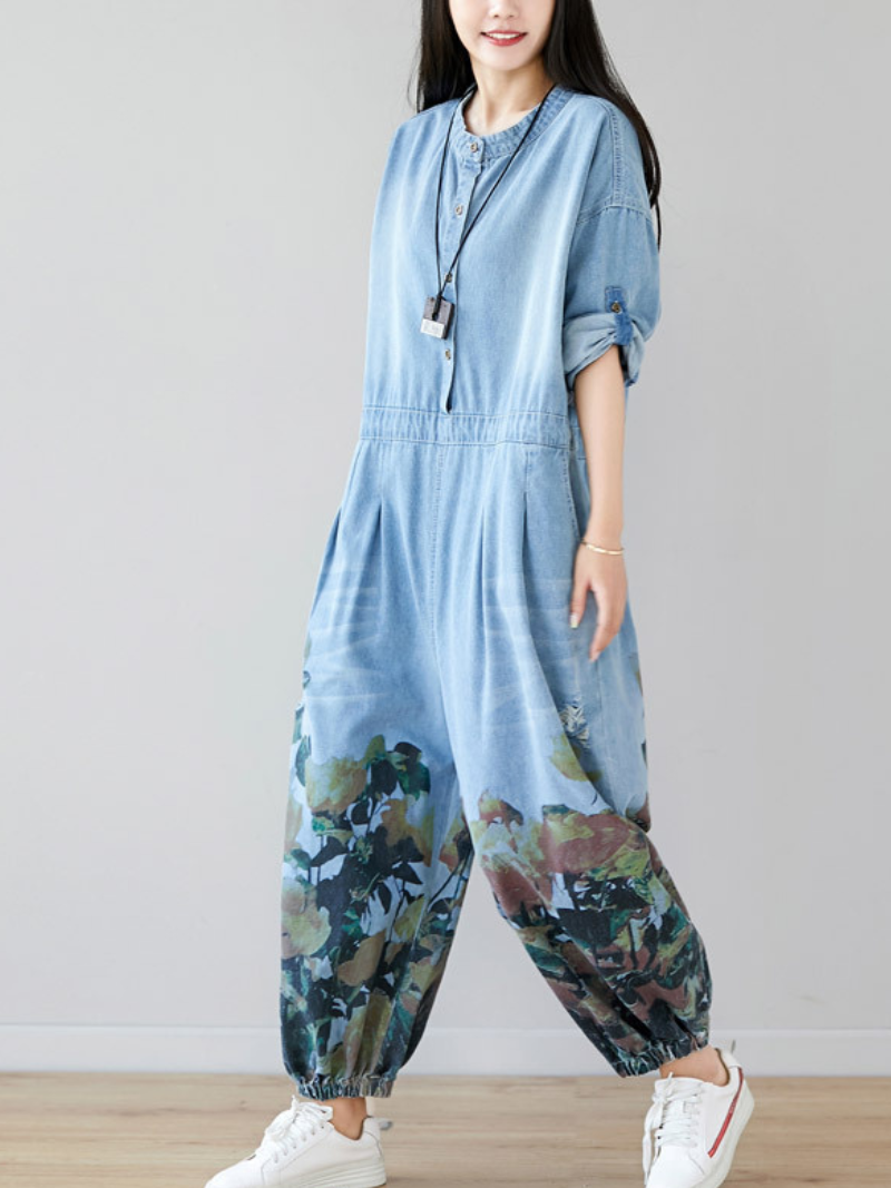 Loose Fit Floral Denim Jumpsuit for Women - Balloon Leg Style