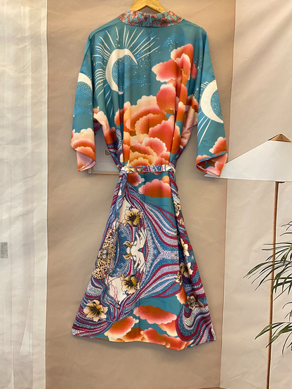 Elegant Silk Floral Moon Print Kimono | Eva Trends