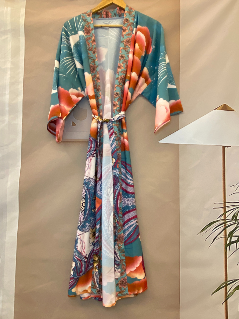 Elegant Silk Floral Moon Print Kimono | Eva Trends