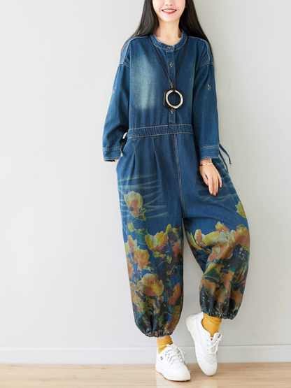 Loose Fit Floral Denim Jumpsuit for Women - Balloon Leg Style