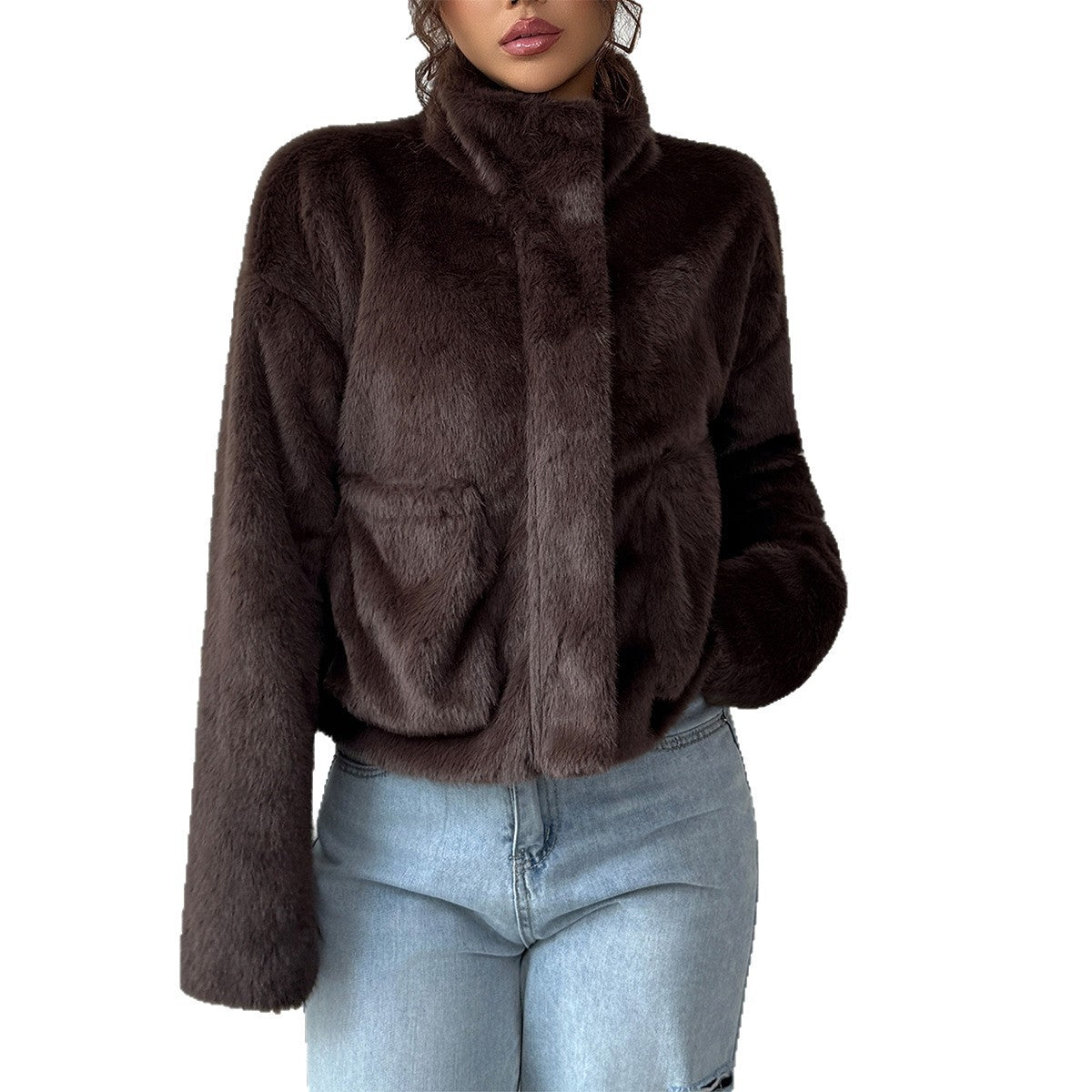 Women's Faux Fur Collar Long-Sleeve Coat – Dark Brown