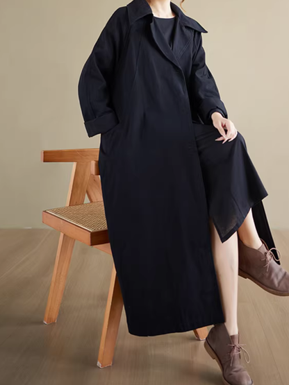 Chic Oversized Polyester Trench Coat with Notched Collar, Minimalist Women's Outerwear