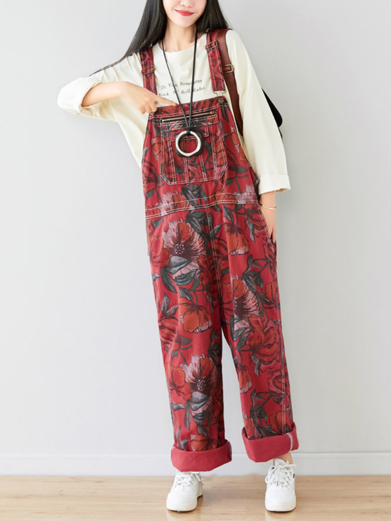 Relaxed Women's Printed Loose Fit Denim Dungarees - Eva Trends