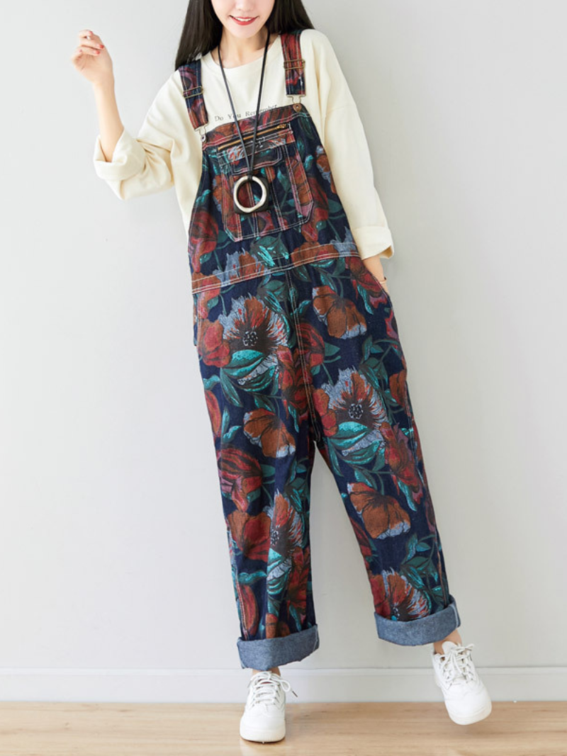 Relaxed Women's Printed Loose Fit Denim Dungarees - Eva Trends