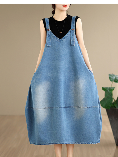 Relaxed V-Neck Denim Dress in Cotton Pinafore Style, Adjustable Midi Silhouette