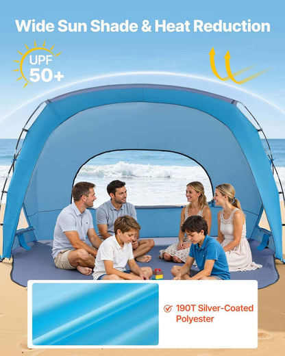 6-Person Beach Tent Sun Shelter – UPF 50+ with Sand Pockets, Mesh Windows & Carry Bag | Black