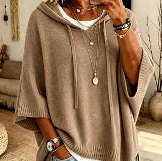 Women's Knitted Hooded Drawstring Sweater – Casual Cozy Pullover