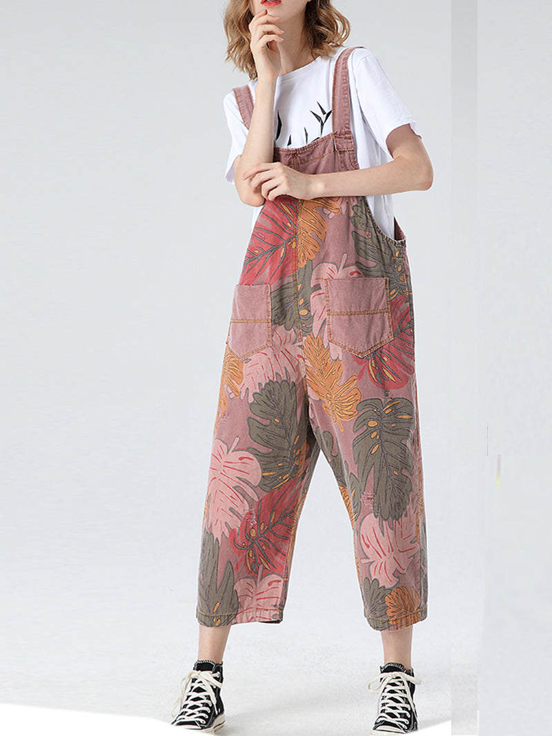 Tropical Leaf Cotton Dungarees -  Ankle-Length Overalls