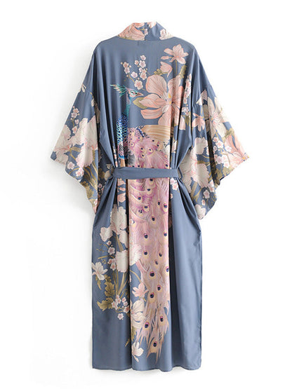 Partywear Kimono Floral Print Cotton Viscose Blue Lagoon Gown Robe Kimono