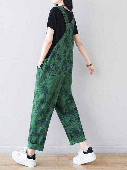 Palm Print Cotton Overalls - Adjustable Workwera | Eva Trends