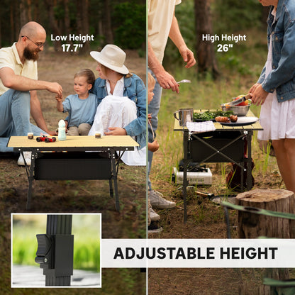 Aluminum Folding Camping Table with Storage Basket – Adjustable Height, 66 lb.