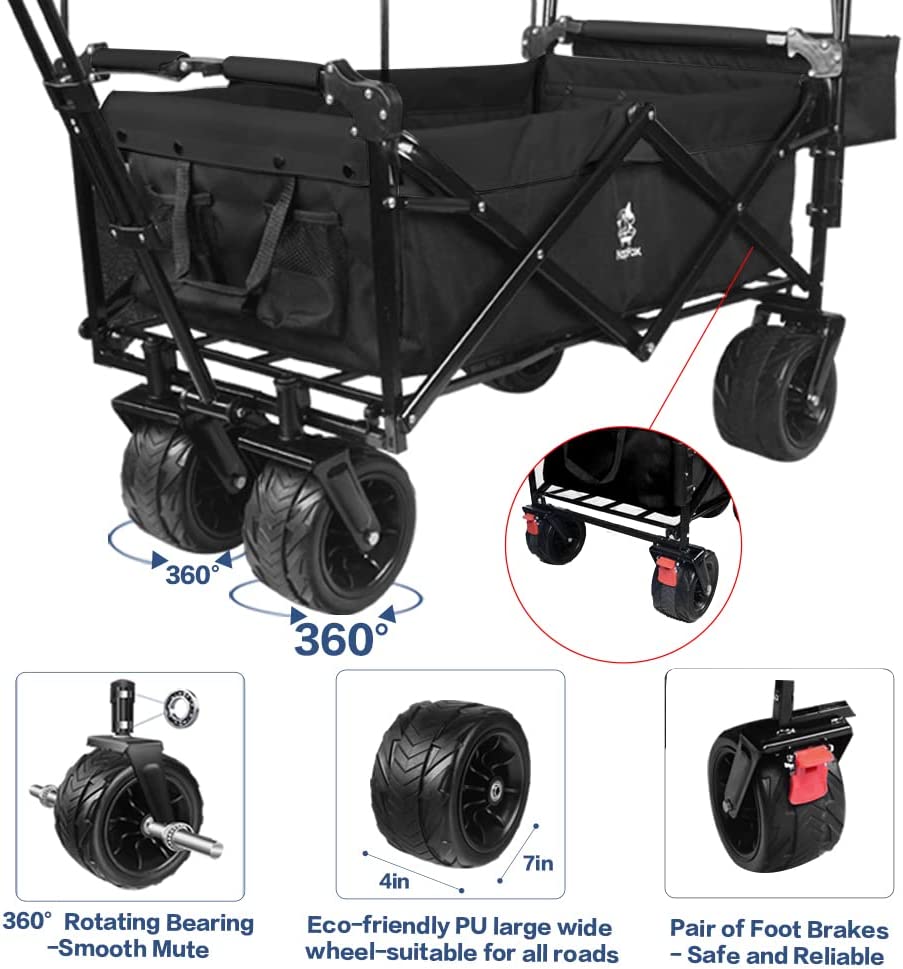 140L Collapsible All-Terrain Wagon with Canopy & Cooler Bag | Folding Cart with Brake