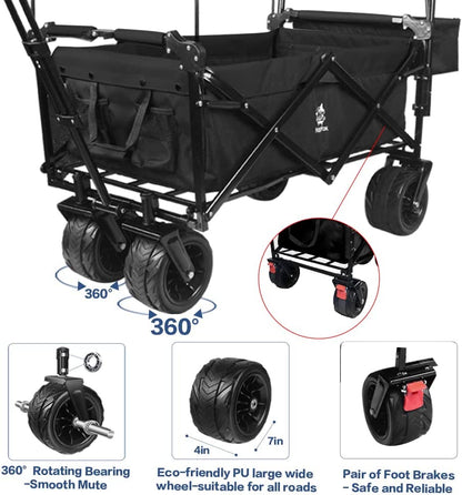 140L Collapsible All-Terrain Wagon with Canopy & Cooler Bag | Folding Cart with Brake