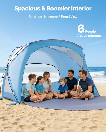6-Person Beach Tent Sun Shelter – UPF 50+ with Sand Pockets, Mesh Windows & Carry Bag | Black