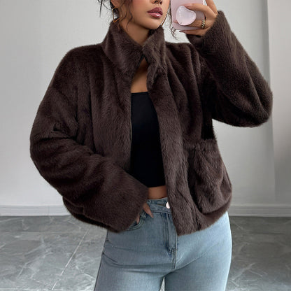 Women's Faux Fur Collar Long-Sleeve Coat – Dark Brown
