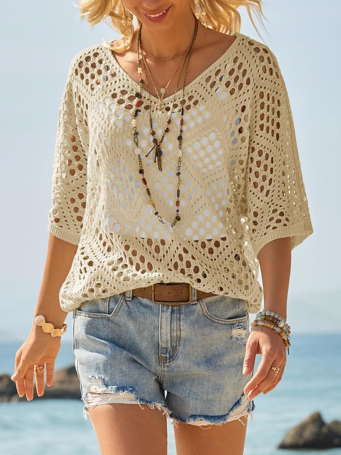 ? Handmade Crochet V‚ÄêNeck Boho Top | Apricot Summer Essential