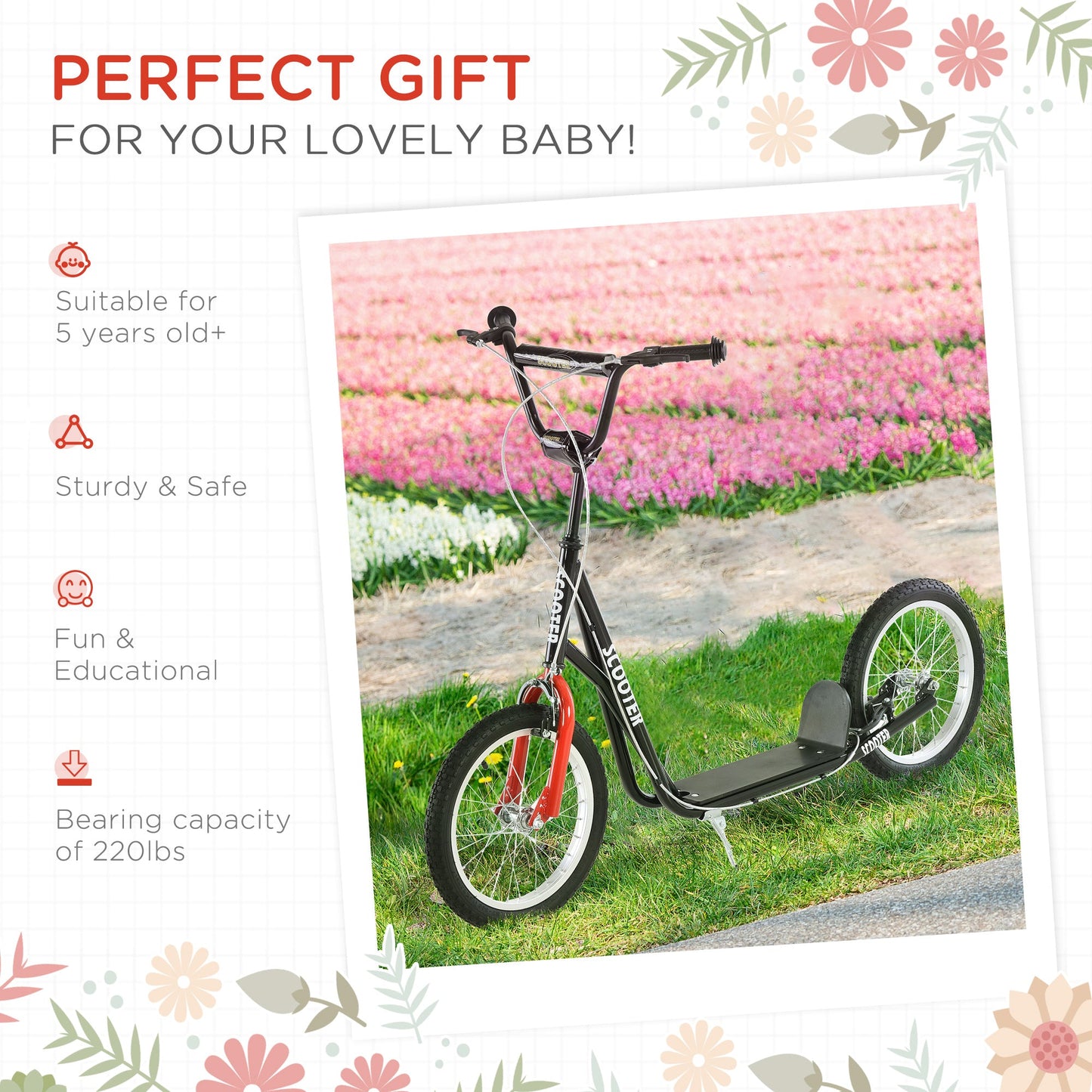 Kids Kick Scooter | Adjustable Handlebar, Dual Rear Brakes & Inflatable Wheels