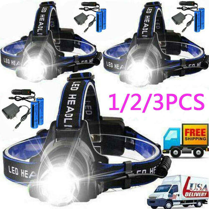 Rechargeable LED Headlamp – 3 Modes, Zoomable, 100m Beam – Single, 2-Pack or 3-Pack