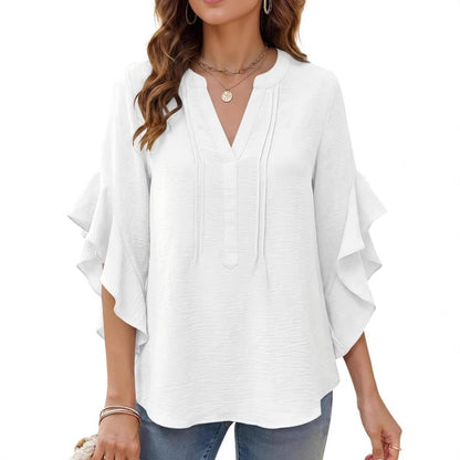 Women's V-Neck Ruffle-Sleeve Loose Casual Shirt – 5 Colors