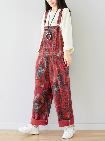 Relaxed Women's Printed Loose Fit Denim Dungarees - Eva Trends