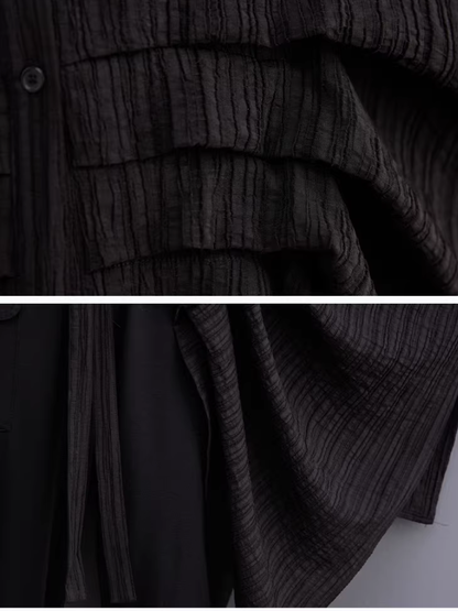Asymmetric Pleated Oversized Shirt Tunic in Polyester, Sculptural Statement Blouse