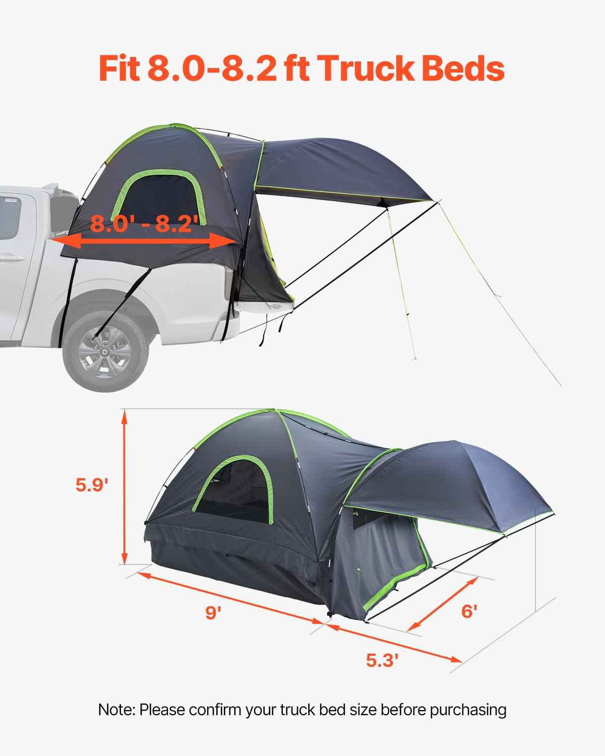Pickup Truck Bed Tent with Expandable Awning – Fits 8.0–8.2 Ft Truck Beds