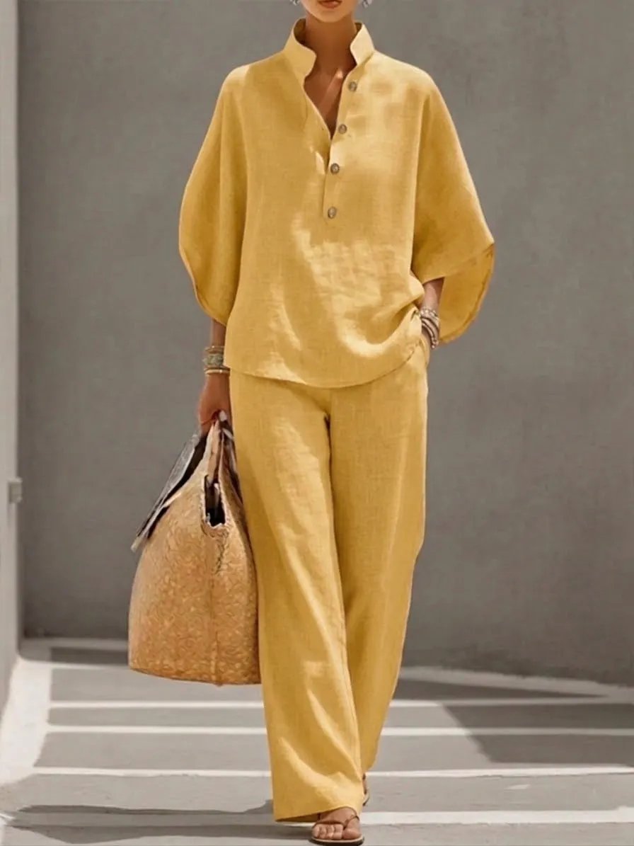 üî•Women's Batwing Sleeve Two-Piece Set ‚Äì Casual Shirt & Wide Leg Pants Outfit
