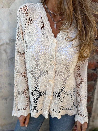 üèÜFlash Sale‚ö° 50K+ SOLD! Almost Gone-üí•Cutout Embroidered V-Neck Button Long Sleeve Top,Best gifts