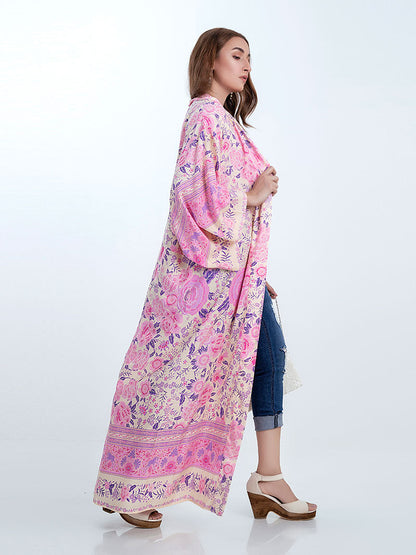 Partywear & Beachwear Floral Print Pink Color Cotton Long Length Gown Kimono Duster Robe