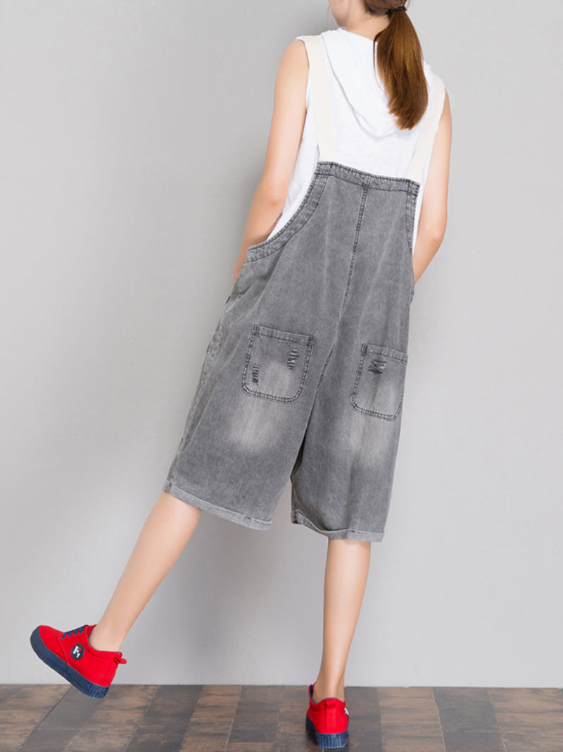 Distressed Grey Denim Romper - Button Front Style