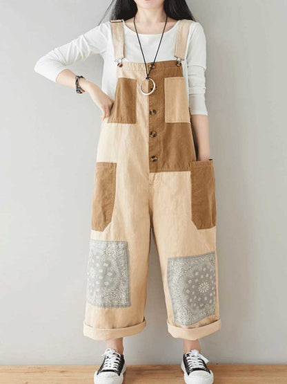 Button Front Denim Dungarees with Contrast Panel Details
