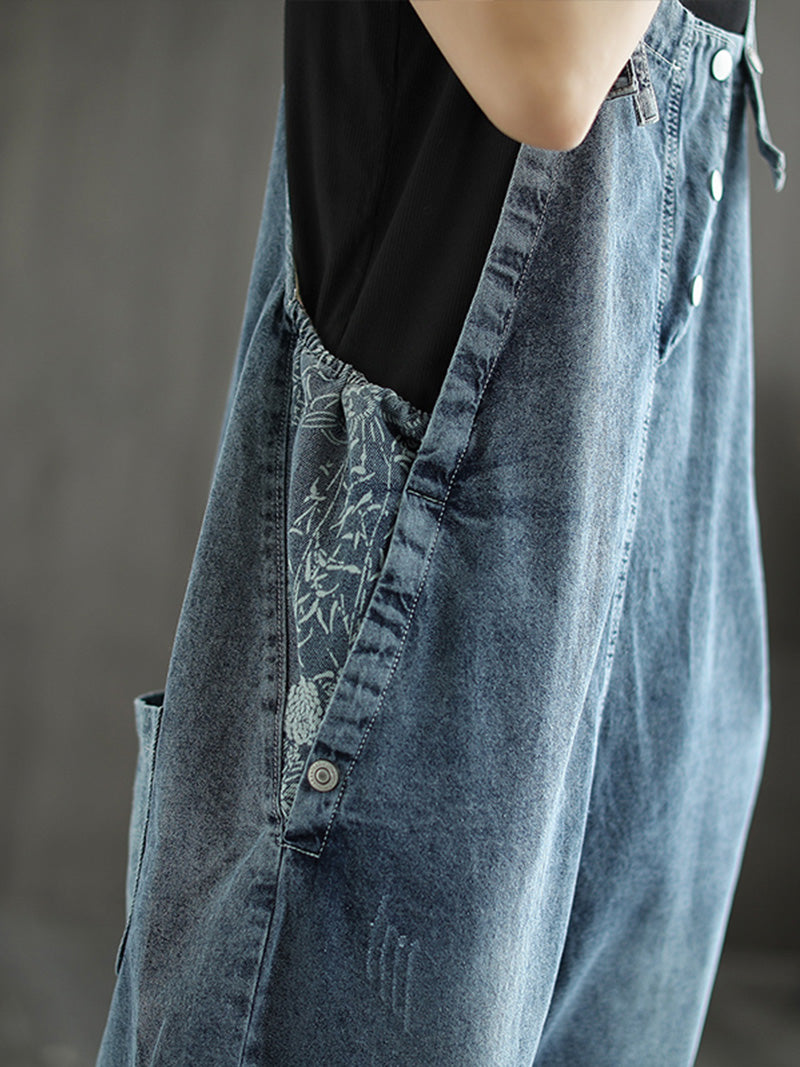 Floral Side Panel Denim Dungarees - Wide Leg Fit