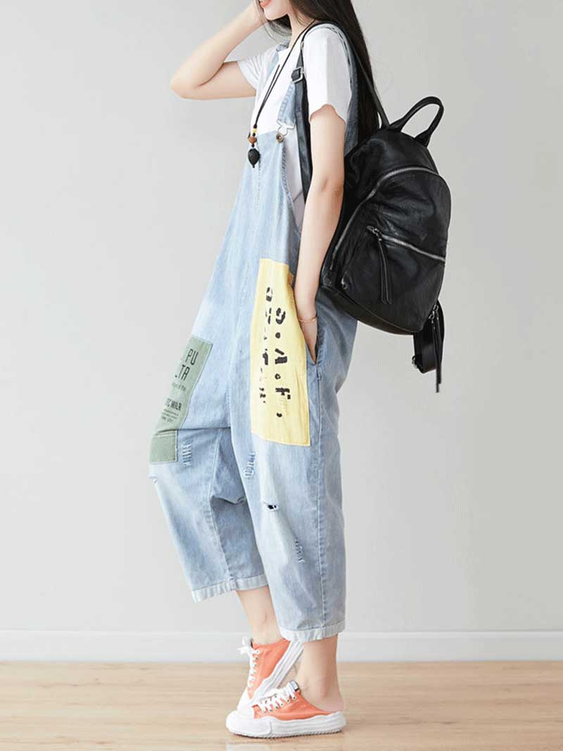 Drop Crotch Denim Dungarees with Adjustable Straps