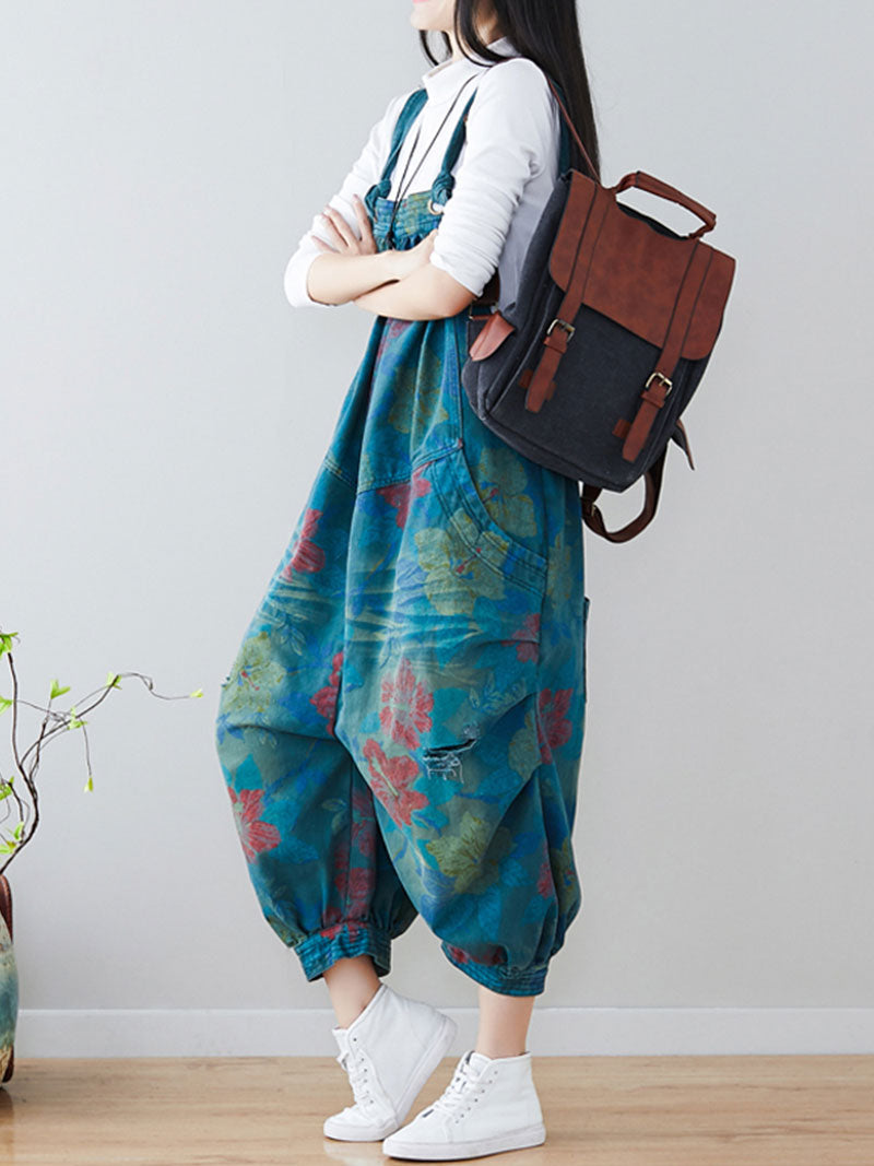 Watercolor Floral Denim Dingarees | Distresses Barrel-Leg Fit