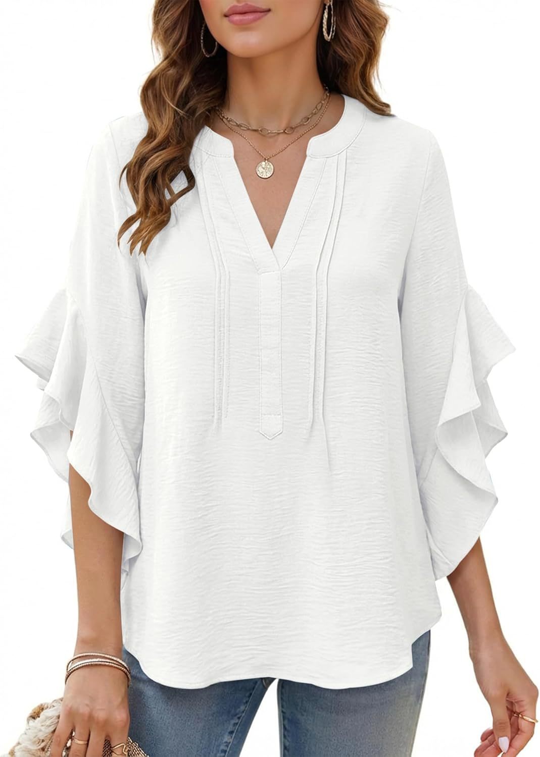 Women's V-Neck Ruffle-Sleeve Loose Casual Shirt – 5 Colors