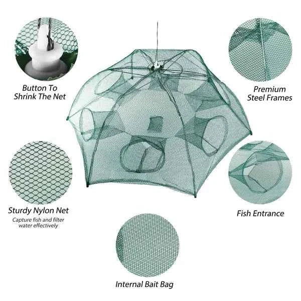 Foldable 6-Sided Fishing Bait Trap Net – 360° Entry for Fish, Shrimp & Crab