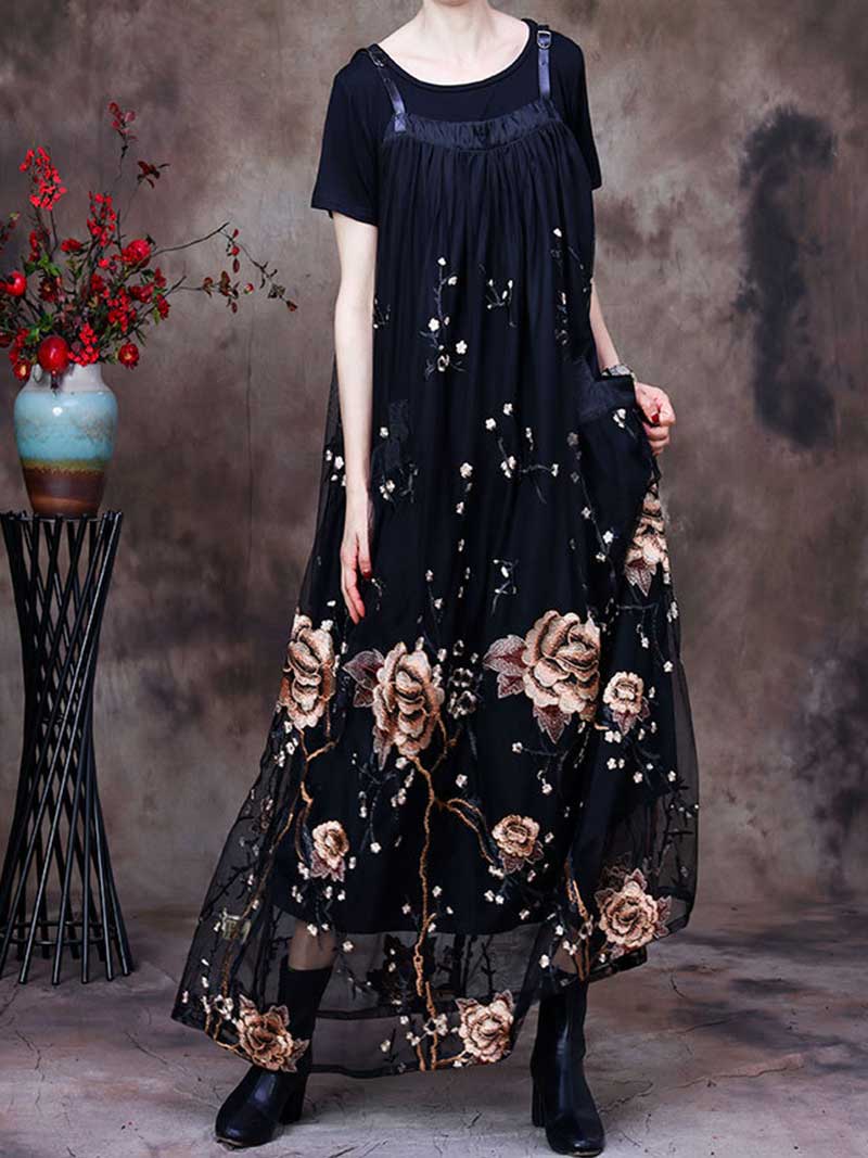 Women's Floral Lace Maxi Salopette Dress with Adjustable Straps