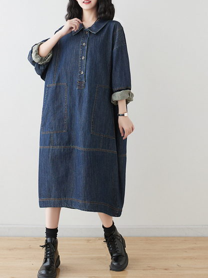 Women's Trendy & Stylish Collar Lapel Blue Midi Dress