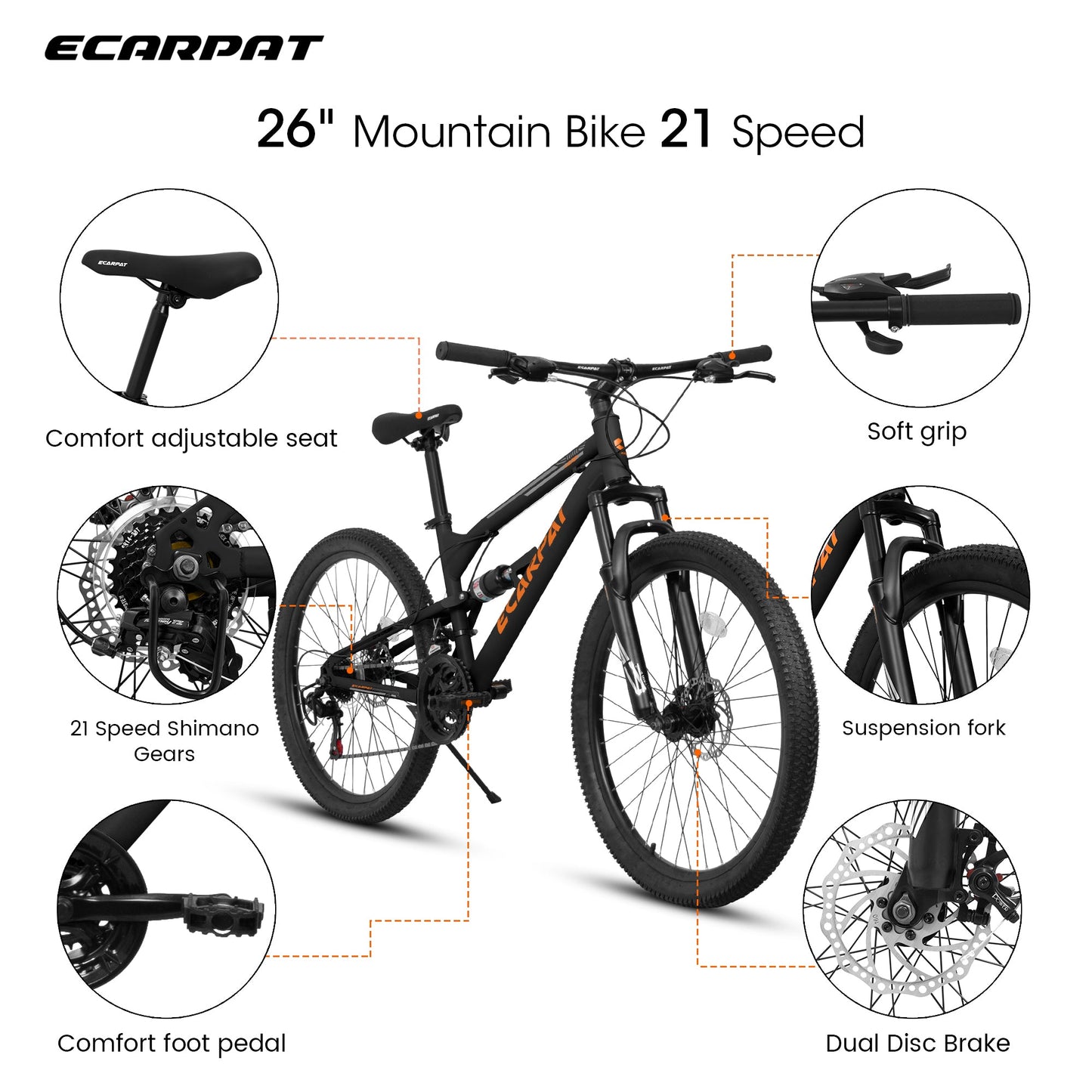 26" Adult Mountain Bike | 21-Speed, Dual Shock Absorption & Disc Brakes
