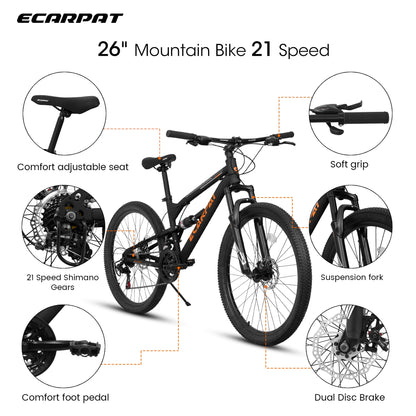 26" Adult Mountain Bike | 21-Speed, Dual Shock Absorption & Disc Brakes
