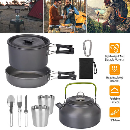 12-Piece Camping Cookware Set – Anodized Aluminum Pot, Frying Pan, Kettle, Cups & Cutlery with Carabiner Bag