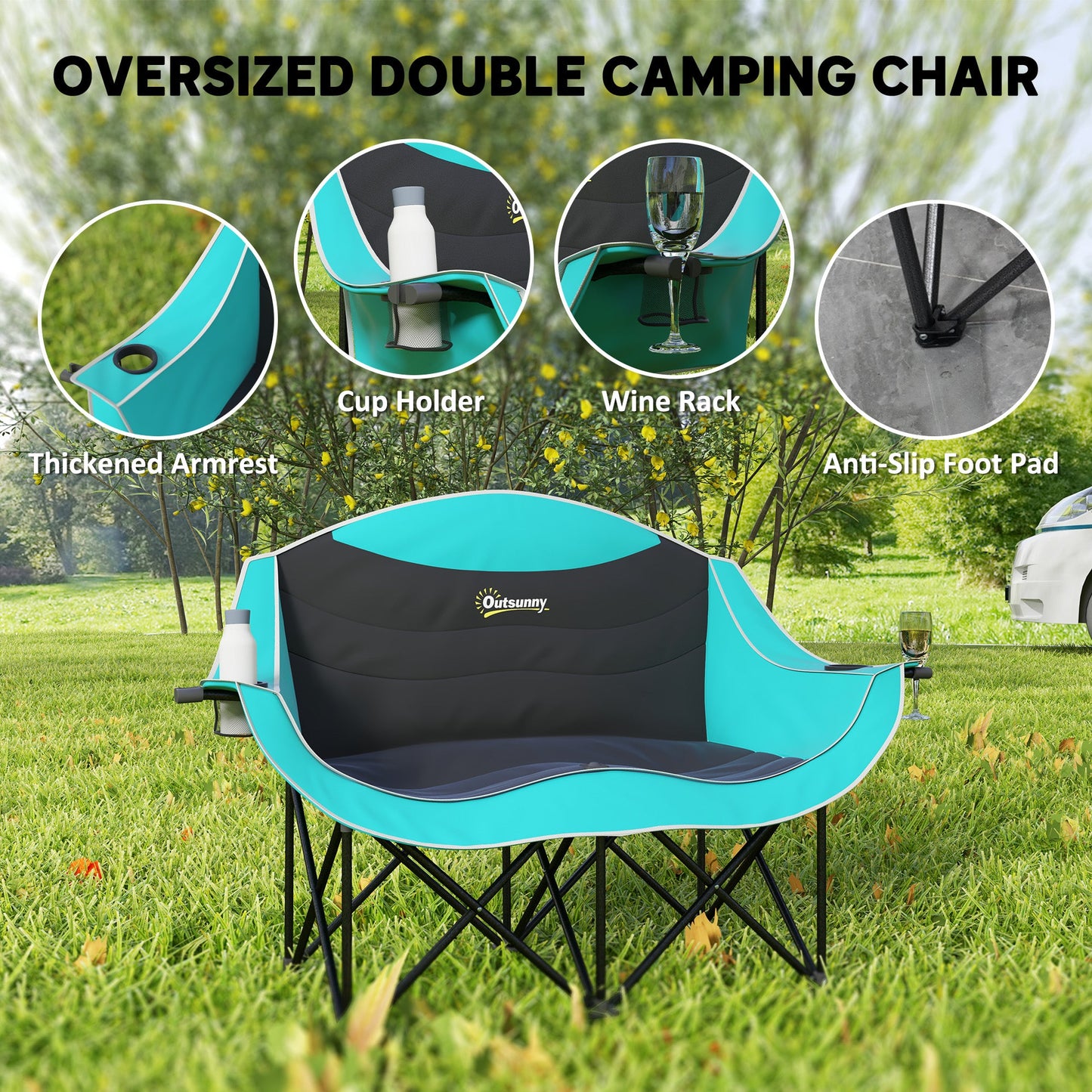 Double Camping Chair with Armrests & Cup Holders – 551 lb. Capacity, Foldable