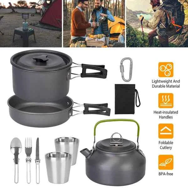 12-Piece Camping Cookware Set – Anodized Aluminum Pot, Frying Pan, Kettle, Cups & Cutlery with Carabiner Bag