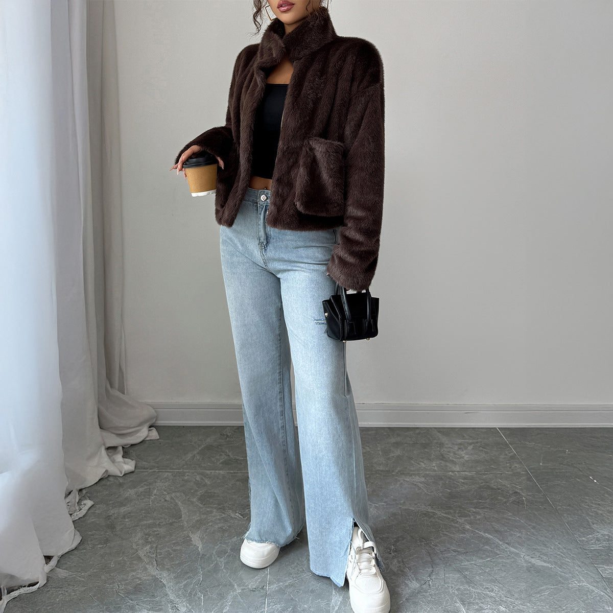 Women's Faux Fur Collar Long-Sleeve Coat – Dark Brown