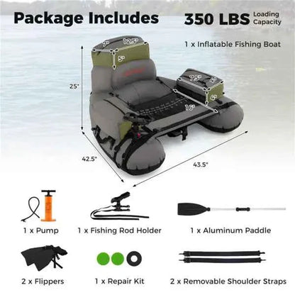 Inflatable Fishing Float Tube – 350 lb Capacity, 2 Air Chambers, Rod Holder & Fish Ruler