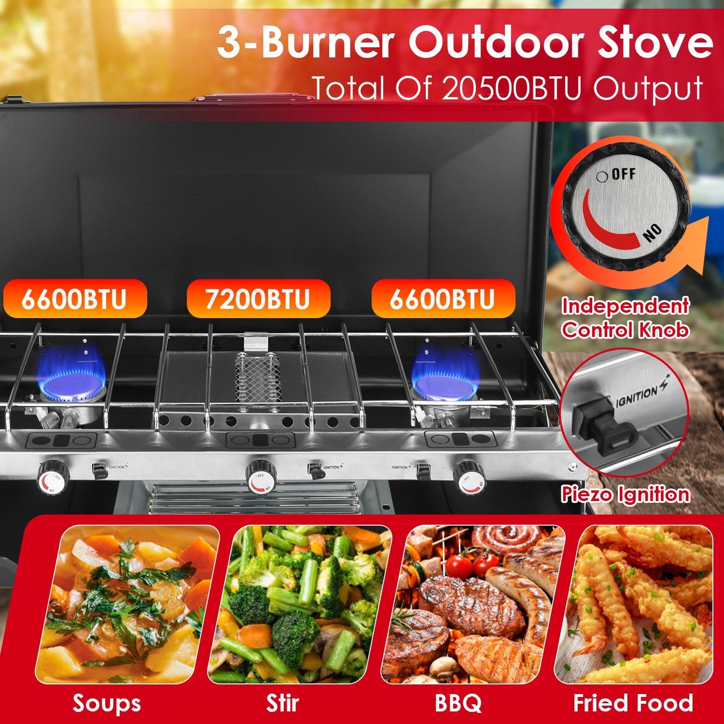 3-Burner Portable Propane Camping Stove – 20,500 BTU, Foldable with Windshield, Oil Tray & Grilling Mesh